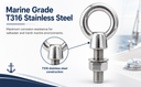 Marine T316 Stainless Steel 1/2" x 1-1/2" Shoulder Eye Bolt 2,000 Lbs WLL