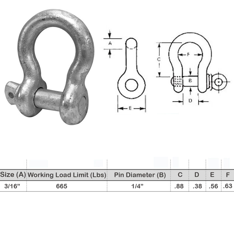3/16" Screw Pin Anchor D Ring Rigging Bow Shackle Galvanized Steel Drop Forged Set 10 PC For Marine Boat WLL 665Lbs