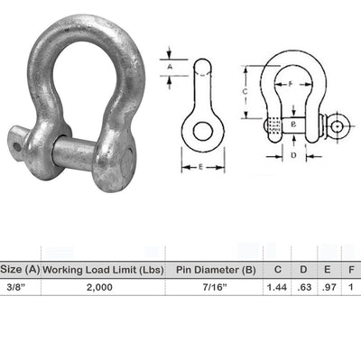 3/8'' Screw Pin Anchor D Ring Rigging Bow Shackle Galvanized Steel Drop Forged For Marine Boat WLL 2000 Lbs