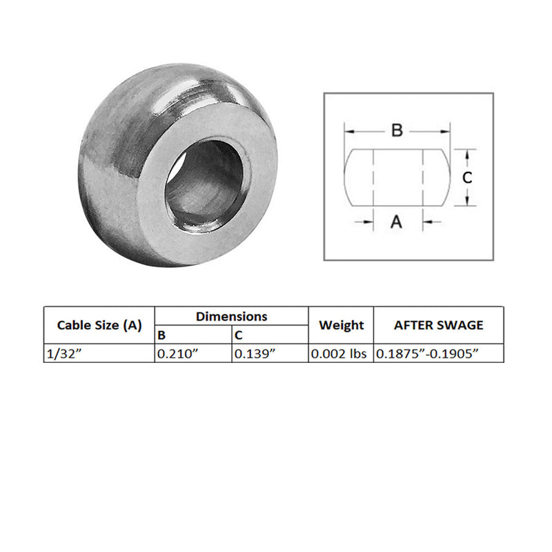 Set Of 10PC Plain Ball Swage End Fitting 1/32" Stainless Steel 316 For Industrial Wire Rope Terminal Cable