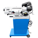 Compact floor-standing metal bandsaw with safety switch and guide