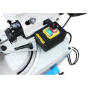 Blue metal fabrication bandsaw for cutting pipes, bars, and tubing