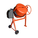 Portable construction cement mixer with motorized drum and orange frame