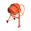 Durable portable cement mixer with large rotating drum and safety motor cover