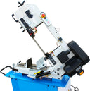 Horizontal steel-cutting band saw mounted on blue stand.
