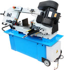 Metalworking band saw with motor and clamping vise.