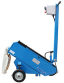 Blue wheeled floor sanding machine.