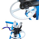 Industrial electric pipe bending system with hydraulic ram and die storage brackets.