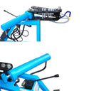 Blue electric tube bender equipped with hydraulic cylinder and multiple bending dies.