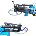 High power electric tube bender with steel frame and hydraulic bending arm.