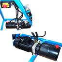 Blue hydraulic bending machine for pipes and tubes with electric motor and control switch.