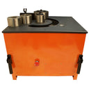 High power rebar bending tool with orange metal body and wired foot controls