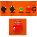 Rebar bending station with steel rollers, orange cabinet and blue foot switches