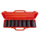 Close-up of large deep impact sockets in red case for truck wheel repair.