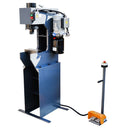 Industrial C-frame hydraulic press with electric pump, safety control, and foot switch.