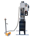 Side view of C-frame hydraulic press machine with foot pedal and 3HP motor.