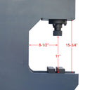 Workshop hydraulic press featuring motorized operation and orange pedal switch.