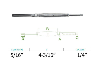 Stainless Steel T316 5/16" Threaded Rod Swage Stud For 1/4" Cable Railing - 2 Pc