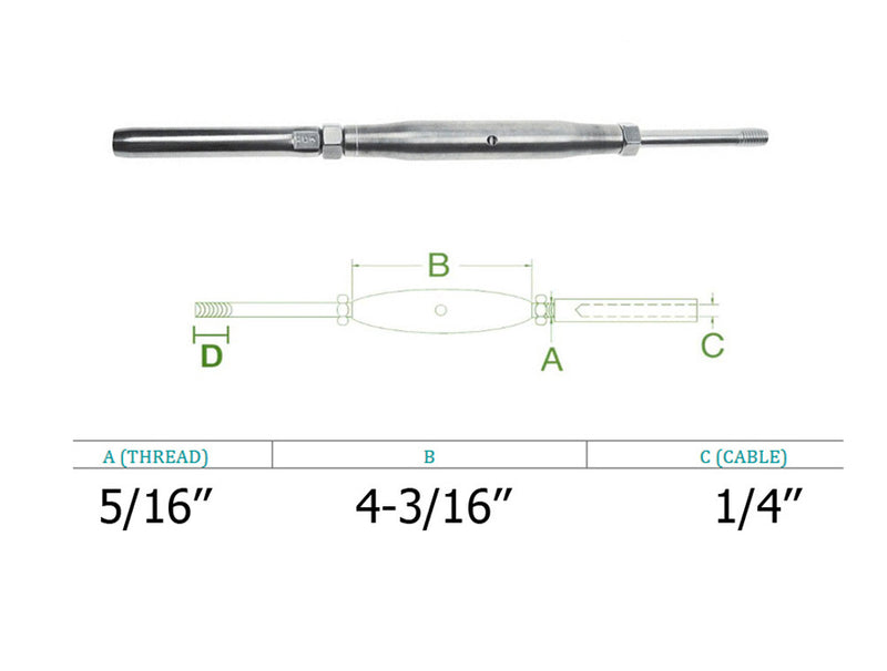 Stainless Steel T316 5/16" Threaded Rod Swage Stud For 1/4" Cable Railing - 2 Pc