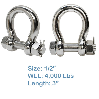 1/2'' Stainless Steel SS 316 Bolt Pin Anchor Bow Shackle 4000 LB 1 3/8" Diameter