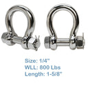 Set Of 5 Pcs 1/4" Stainless Steel 316 Bolt Pin Anchor Chain Shackle