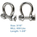 5 Pc SS 316 Stainless Steel Bolt Pin Bow Anchor Shackle 600 LB 3/16" Bow Diameter