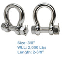 5 PC 3/8" Bolt Pin Anchor Shackle Stainless Steel SS 316 Marine Rigging Paracord