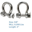 2 Ton 5/8" Stainless Steel 316 Bolt Pin Bow Anchor Shackle 4000 LB Marine Rigging