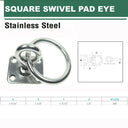 Marine Stainless Steel T304 Square Swivel Pad Eye with Ring, Welded Formed Anchor Plate for Boat, Dock, Tie Down, Rope, and Cable Hardware