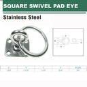 Marine Stainless Steel T304 Square Swivel Pad Eye with Ring, Welded Formed Anchor Plate for Boat, Dock, Tie Down, Rope, and Cable Hardware
