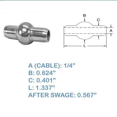 Double Shank Ball Set 10 PC 1/4” Stainless Steel 316 Swage Fitting Industrial Wire Rope Terminal Cable