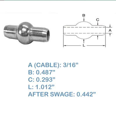 Double Shank Ball Set 10 PC 3/16” Stainless Steel 316 Swage Fitting Industrial Wire Rope Terminal Cable