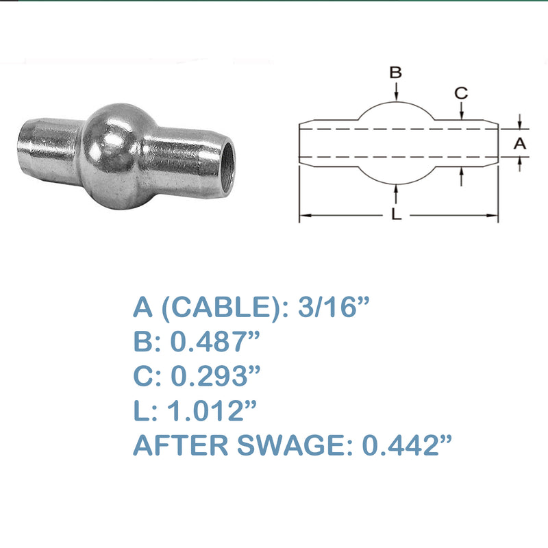 Double Shank Ball Set 10 PC 3/16” Stainless Steel 316 Swage Fitting Industrial Wire Rope Terminal Cable