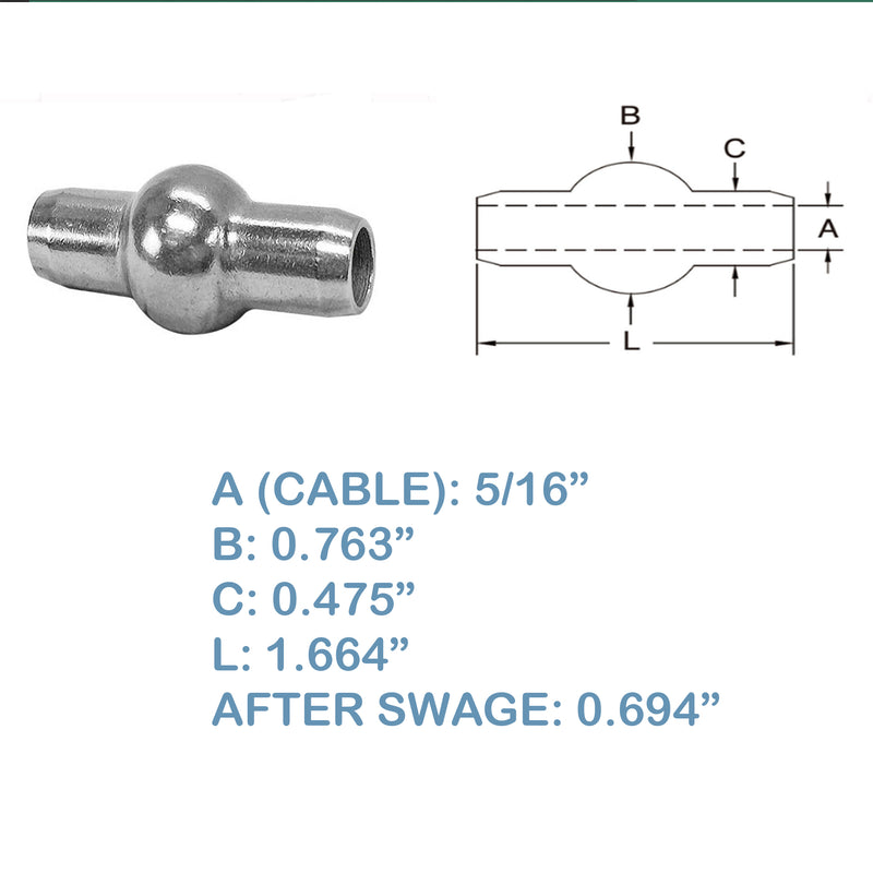 Double Shank Ball Set 10 PC 5/16” Stainless Steel 316 Swage Fitting Industrial Wire Rope Terminal Cable