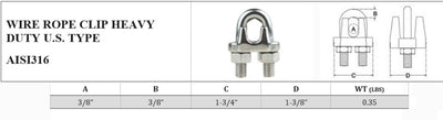 3/8'' Marine Stainless Steel 316 Heavy Duty Wire Rope Clips Cable Clamp Rig Boat - 5 Pc