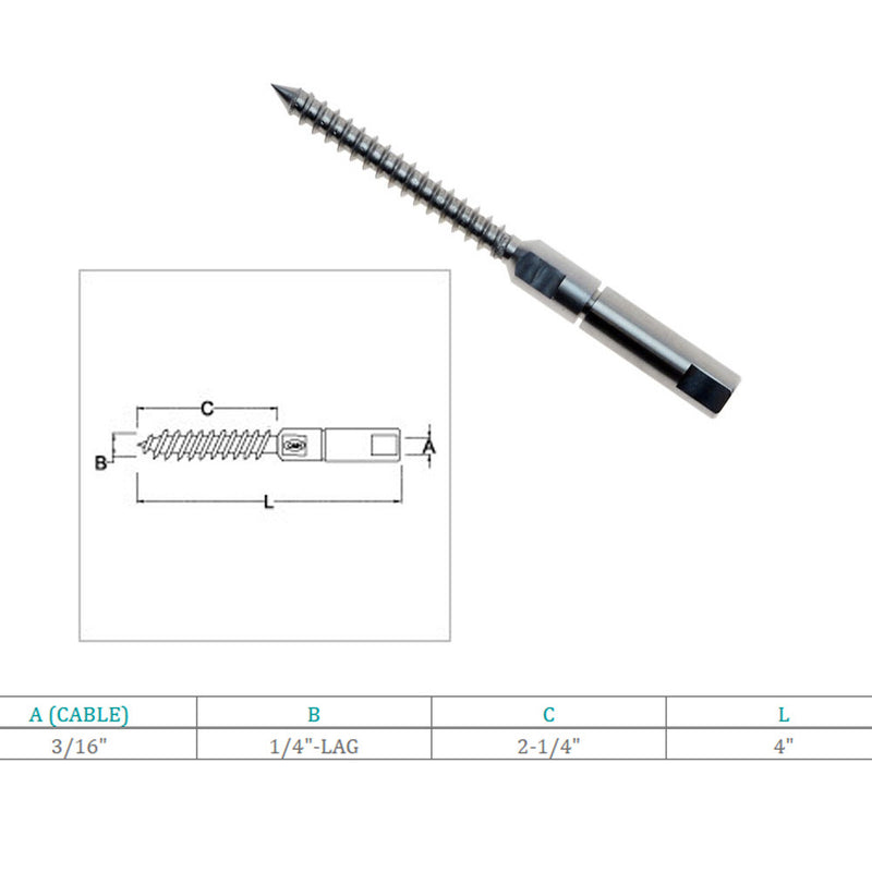 Marine Boat Stainless Steel Swageless Lag Stud for 1/8", 3/16" Cable Wire Rope Fishing