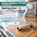 T316 Stainless Steel Cable Railing Swage Stemball Fittings, 1/4", 1/8", 3/16" Cable Terminals for Wood Post - PACK 10