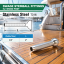 T316 Stainless Steel Cable Railing Swage Stemball Fittings, 1/4", 1/8", 3/16" Cable Terminals for Wood Post - PACK 10