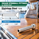 T316 Stainless Steel Cable Railing Swage Stemball Fittings, 1/4", 1/8", 3/16" Cable Terminals for Wood Post - PACK 10