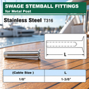 T316 Stainless Steel Swage Stemball Hand-Crimp Fittings, Cable Railing Terminals for Metal Post 1/8", 3/16", 1/4" Cable - PACK 10