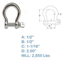 1/2'' Screw Pin Anchor Rigging Bow Shackle Stainless Steel Set 4 PCS For Marine Boat WLL 2,850 Lbs