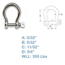 5/32'' Screw Pin Anchor Rigging Bow Shackle Stainless Steel Set 10 PCS For Marine Boat WLL 350 Lbs
