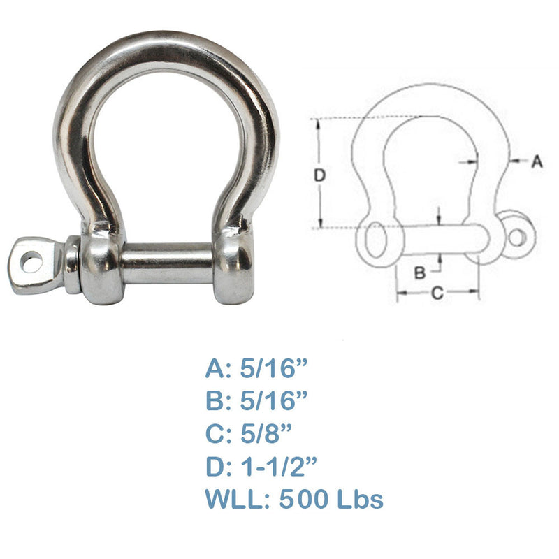 5 PC Stainless Steel 5/16" Commercial Bow Shackle Paracord Boat Anchor Rigging
