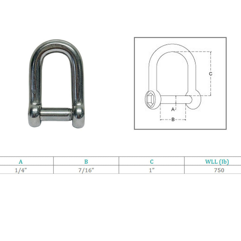 D Shackle Hex Sink Marine Grade Screw Pin Stainless Steel T316