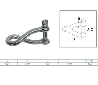 3/8" Stainless Steel 316 Twisted Shackle Screw Pin,1200 Lb WLL Marine Grade