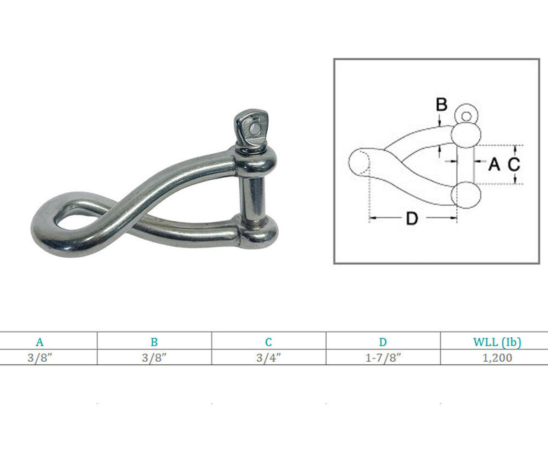 3/8" Stainless Steel 316 Twisted Shackle Screw Pin,1200 Lb WLL Marine Grade