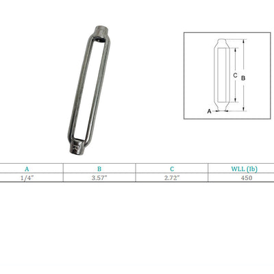 Marine Grade 1/4" x 2-3/4" Turnbuckle Body 450 Lbs WLL, Stainless Steel T316