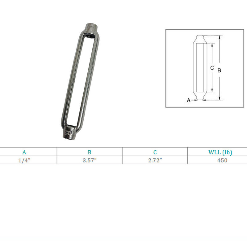 Marine Grade 1/4" x 2-3/4" Turnbuckle Body 450 Lbs WLL, Stainless Steel T316