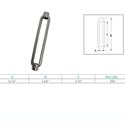 Marine Grade 5/16" x 3-5/8" Turnbuckle Body 800 Lbs WLL, Stainless Steel T316