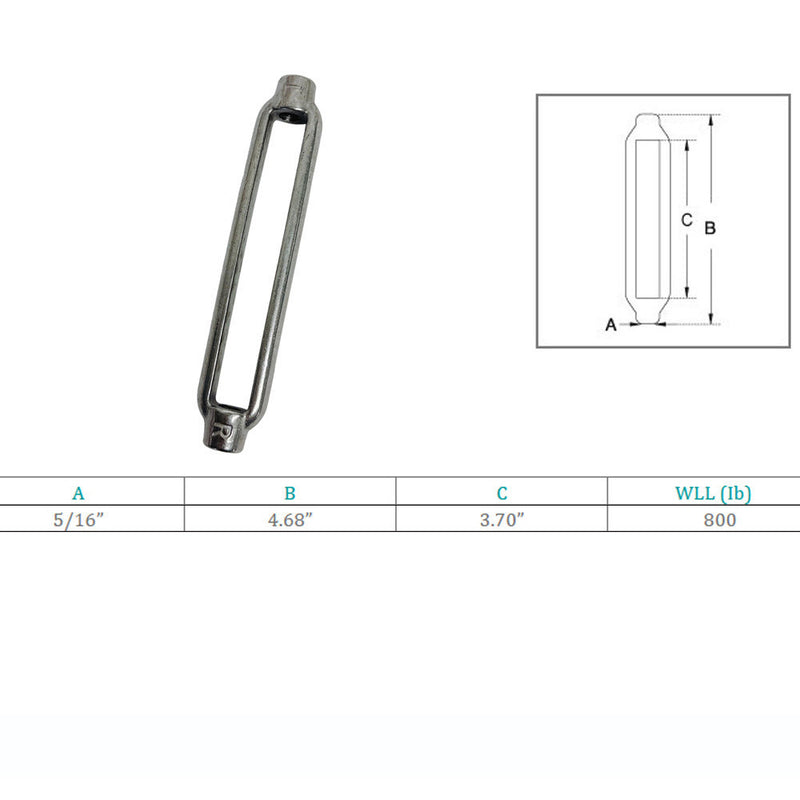 Marine Grade 5/16" x 3-5/8" Turnbuckle Body 800 Lbs WLL, Stainless Steel T316